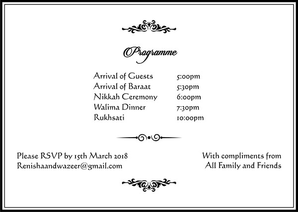 Muslim wedding invitation wording 2A - Parekh Cards